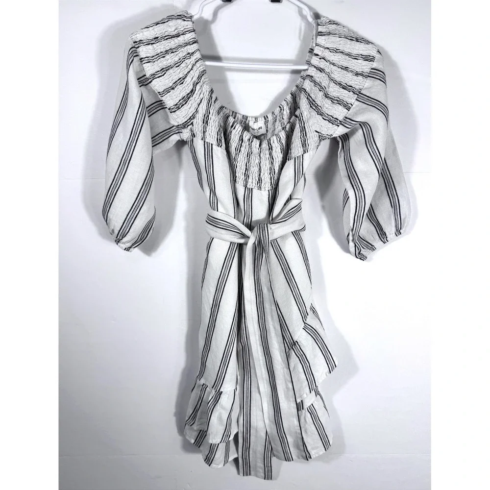 Sugar Lips Striped Linen Smocked Cottagecore Ruffle Mini Dress Approx. Med‎